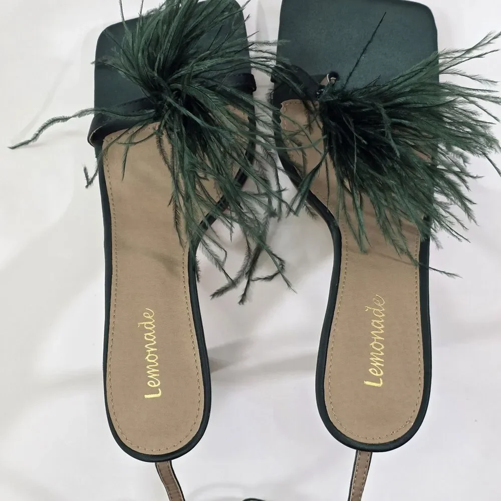 Lemonade Feather Heels Womens 7.5 Green Satin Ankle Strap Stiletto Party Glam...